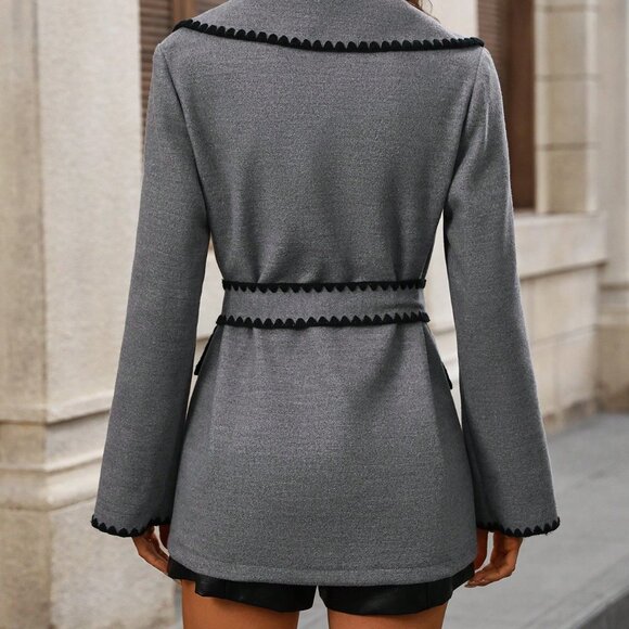 Grey Casual Women's Color Block Trim Collar Jacket - Picture 3 of 6